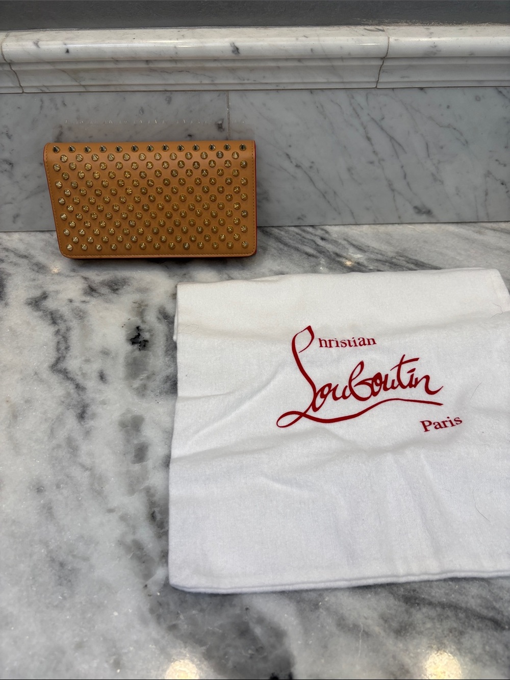 Christian Louboutin Tan Leather Clutch with Gold Spikes - Picture 8 of 8